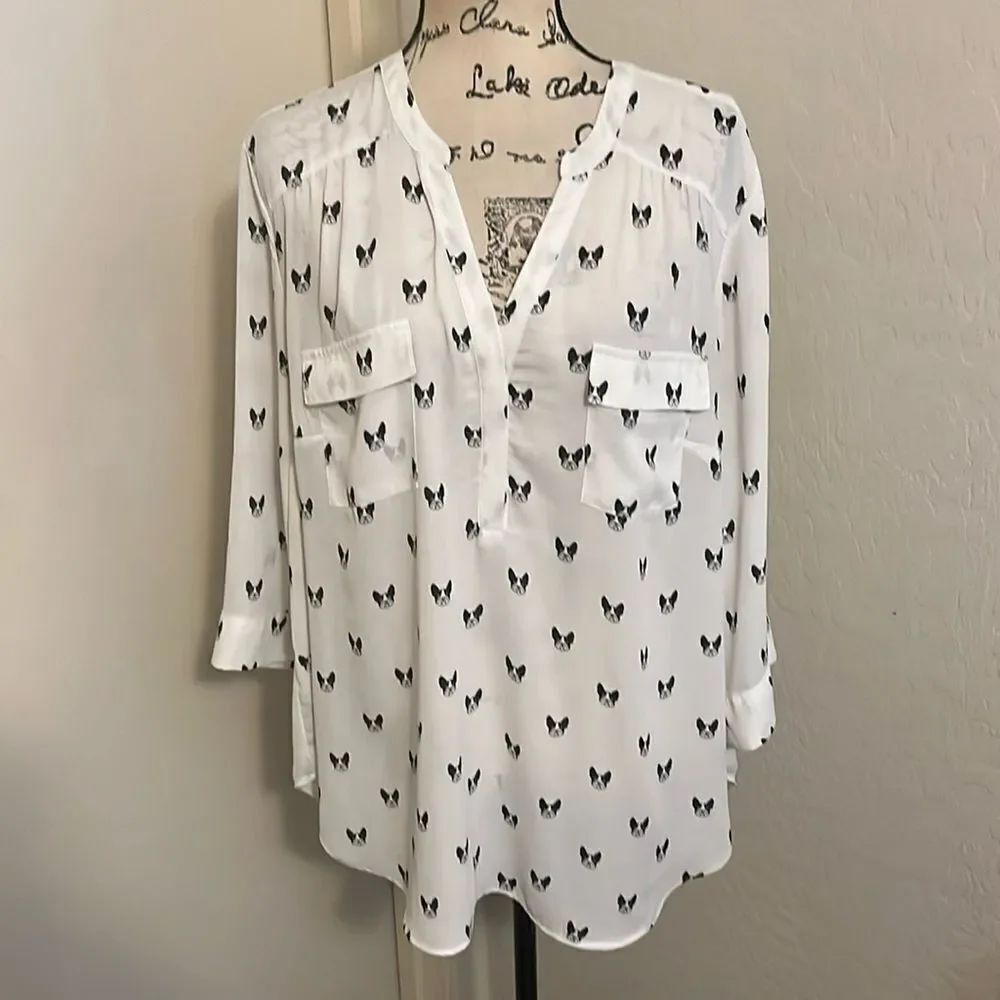 Torrid Harper White Dog Print Allover Contemporary Semi Sheer Pockets Shirt